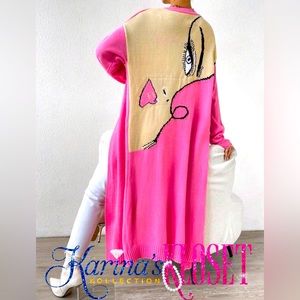 Fierce Boss Babe Cardigan Long Sweater, Cream & Pink Duster 🎀 NWT Pink Lips